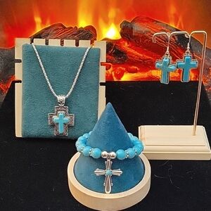 3 Piece Set Turquoise 🕊️  Calming Cross ✝️ Bracelet Necklace Earrings NWT ♐ 🎁